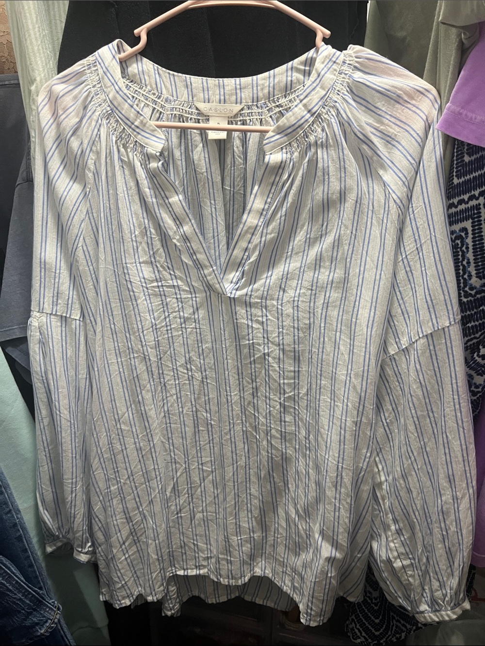 Caslon White and Blue Striped Peasant Top